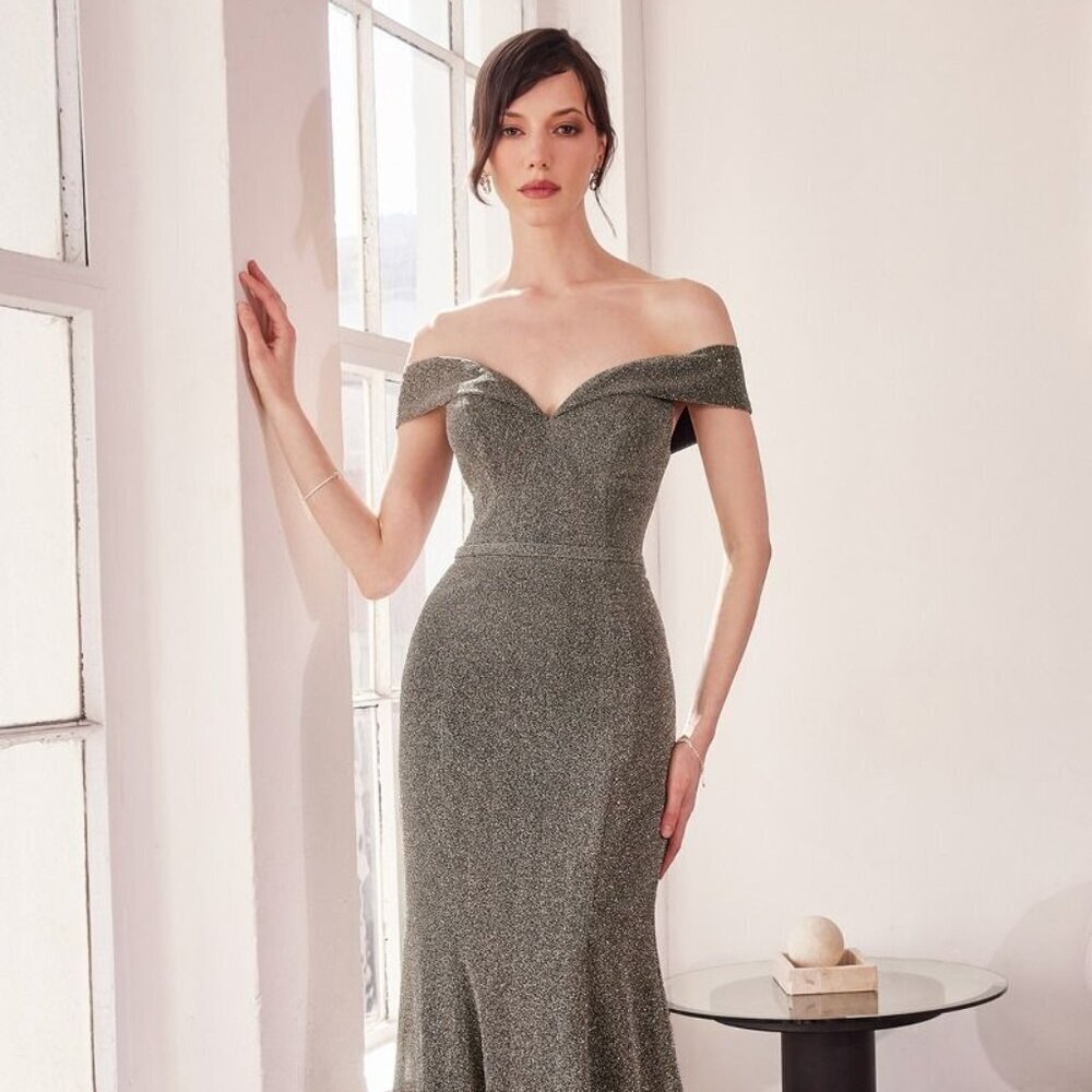 New Off Shoulder Glitter Long Gown w/ Zip Back & Sweetheart Neckline CD T602